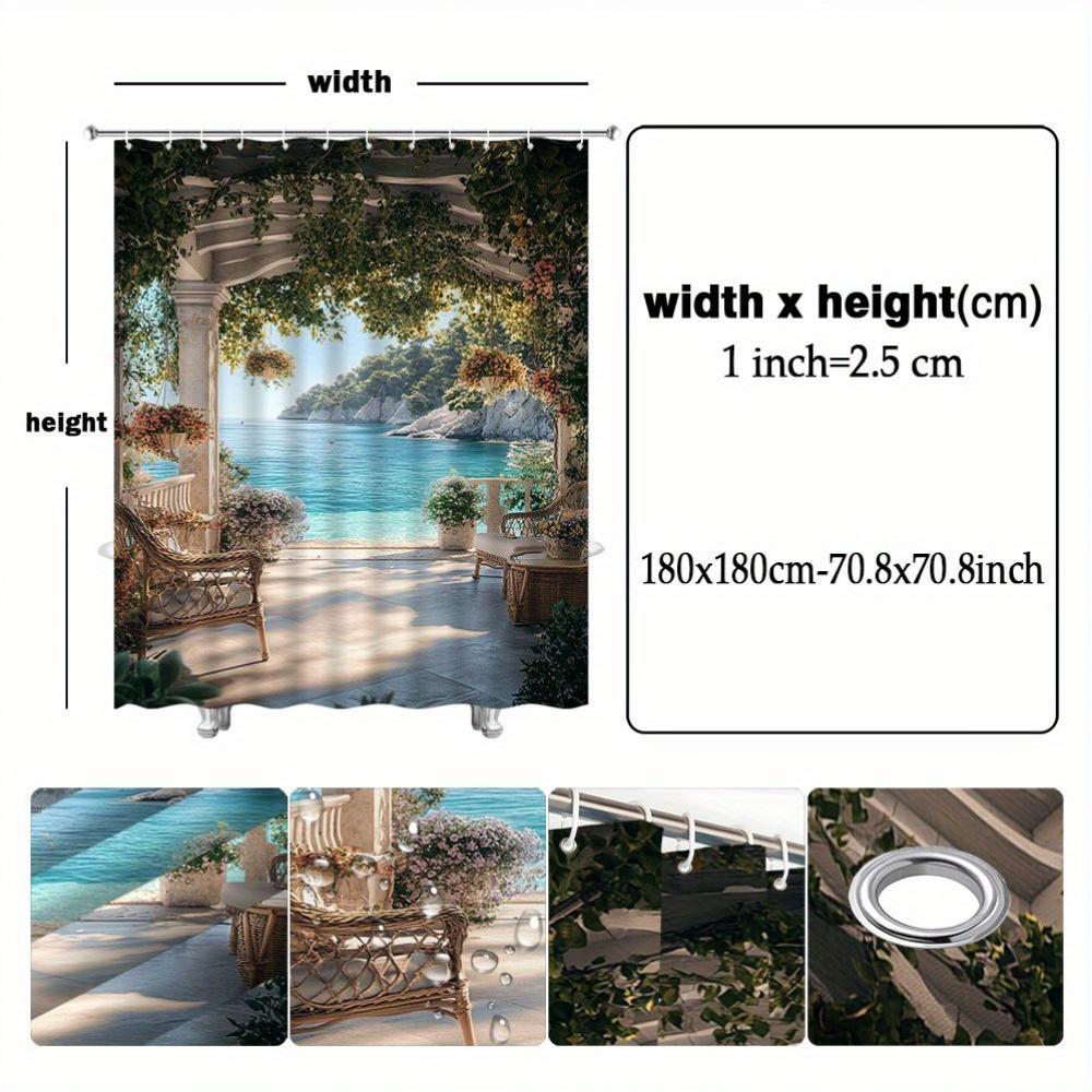 1pc Shower Curtain - Mediterranean Seaside View with a Serene Ocean, Lush Greenery, and Cozy Patio Furniture, Perfect