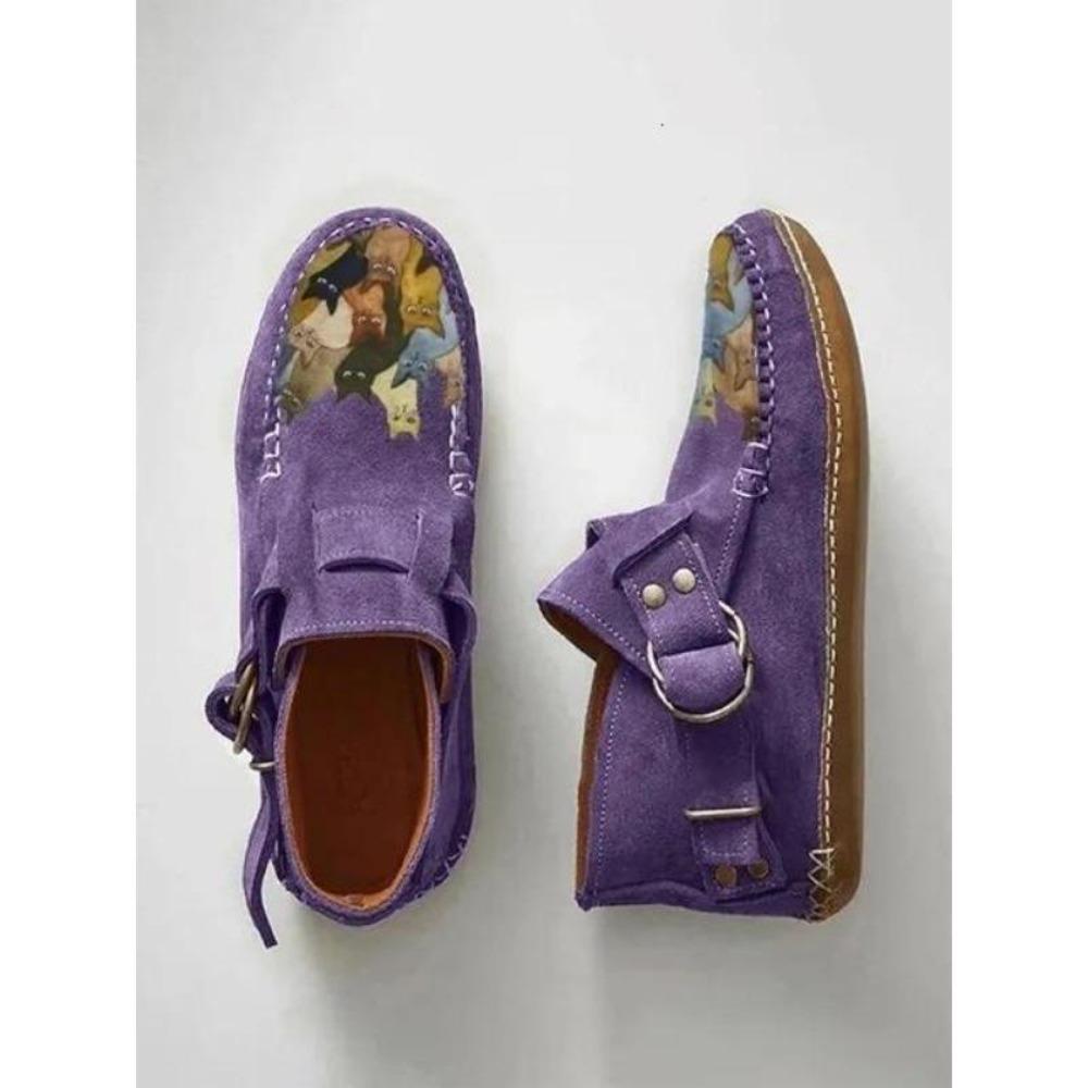 Boots Plover  Female Comfort Cartoon Cat Printed Leather Button Casual Flat Ankle - 6 Purple