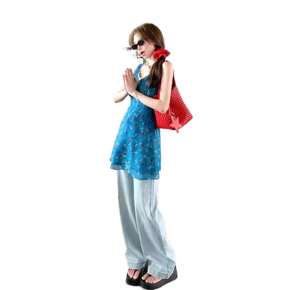 Blue floral V-neck small dress for women's summer new large size fat MM beautiful vacation skirt