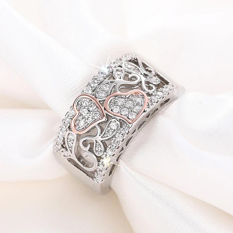 Huitan Einzigartiges Design Doppelherz Zweifarbige Ringe Damen für Verlobung Hochzeit Wunderschöne Brillante CZ Ringe Luxuriös Trendig