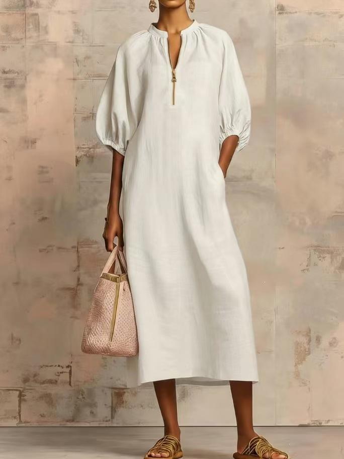 Europe, America spring and summer popular women's clothing solid color loose casual round neck zipper bubble sleeve dress
