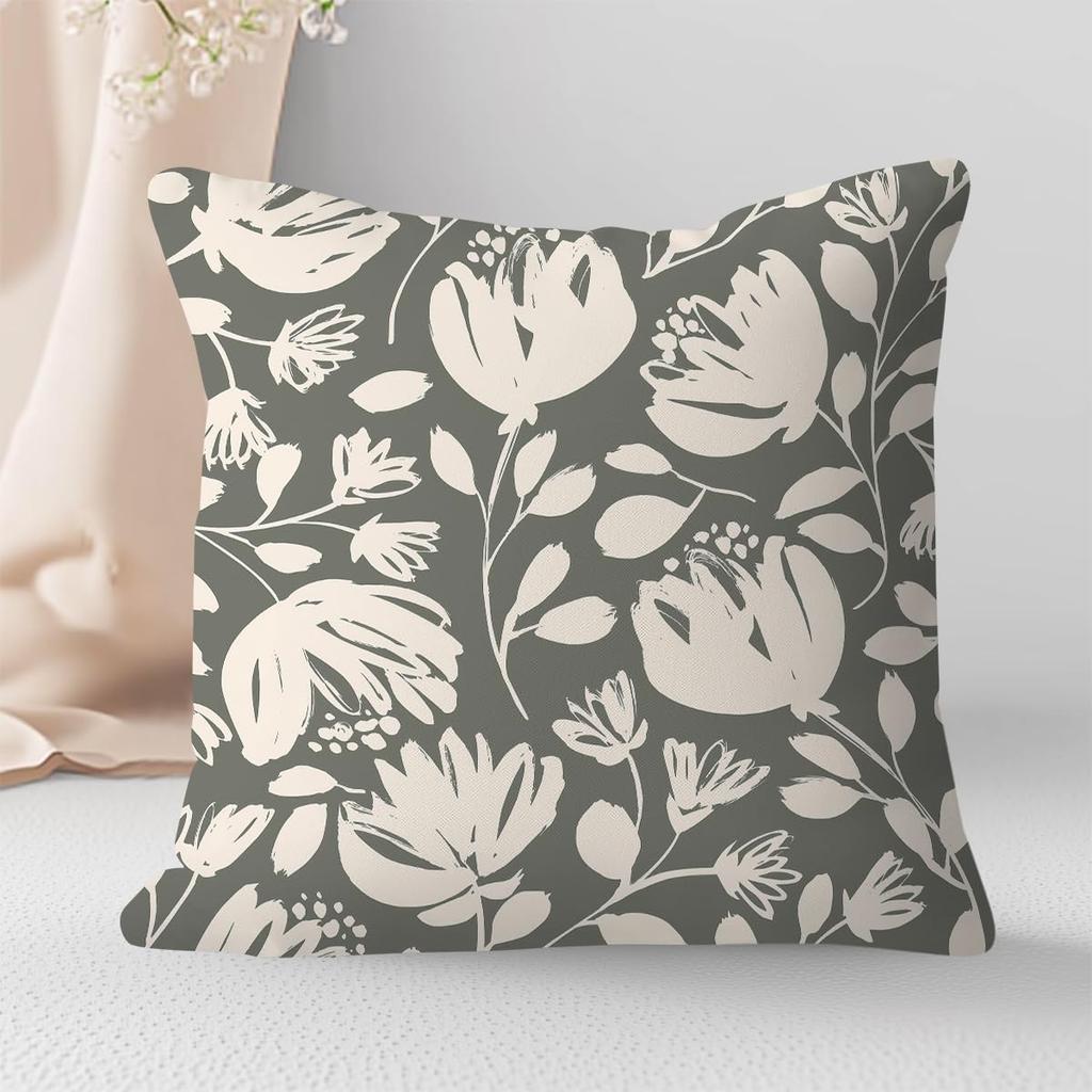 2 Pack Charcoal Beige Floral Pillow Covers Double Sided Print Modern Cushion Cases Home Decor For Sofa