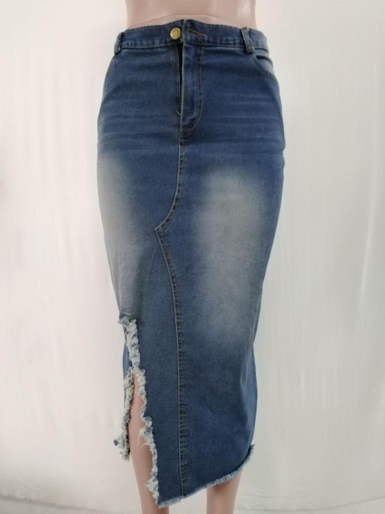 1Wish High Waist Washed Denim Split Hip Skirt