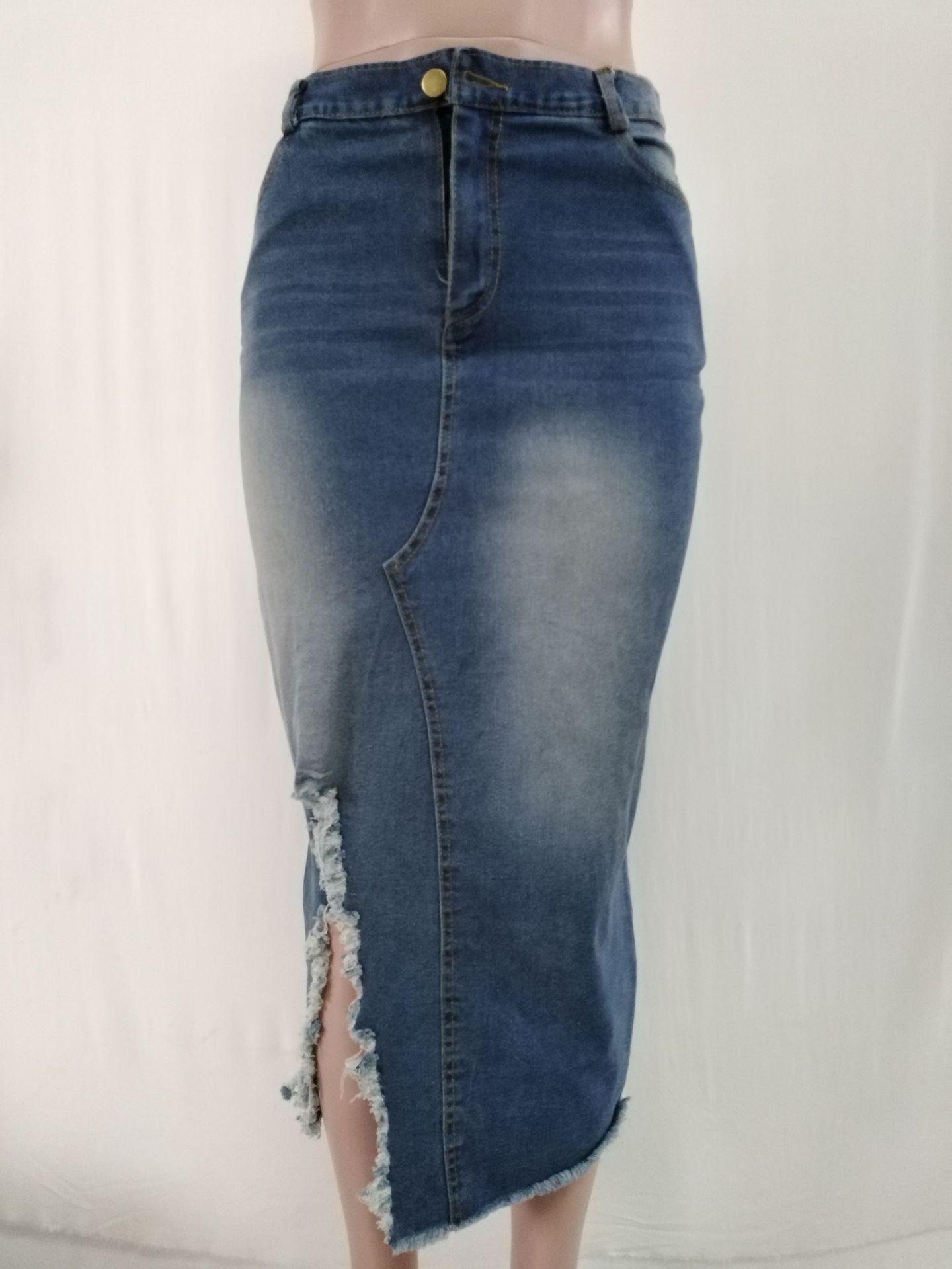 

Wish high waist washed denim split hip skirt M озеро синього кольору