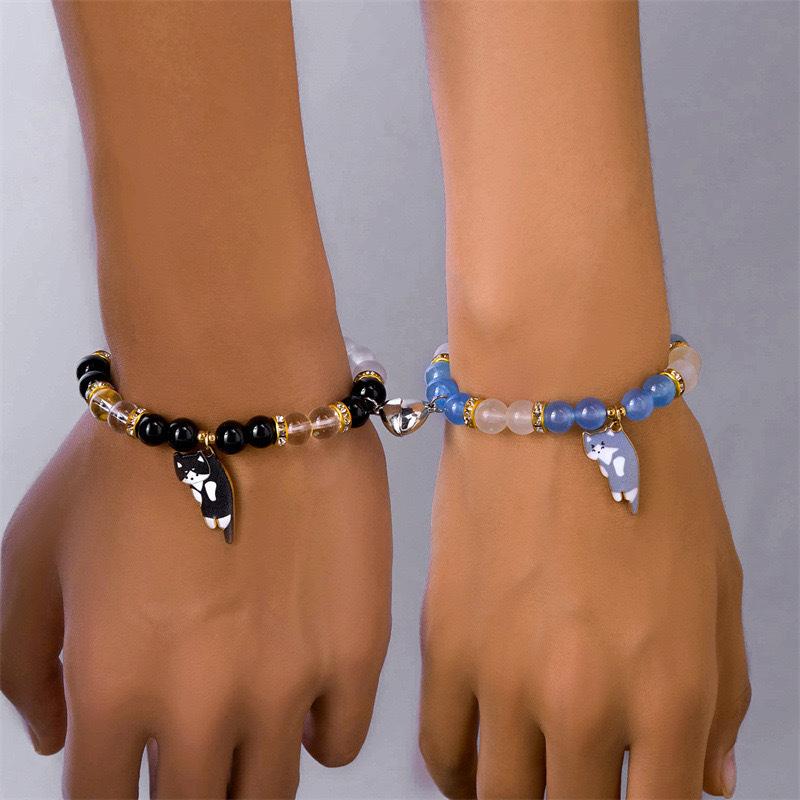2Pcs Cute Cat Pendant Jewelry Matching Magnetic Couple Bracelets For Lovers Natural Stone Beaded Bangles Valentine Gift