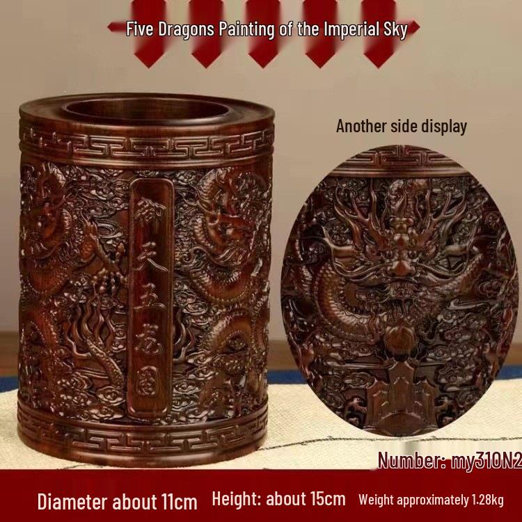 Retro Carved Ebony Wooden Pencil Holder Ornament - Multiple Styles Available