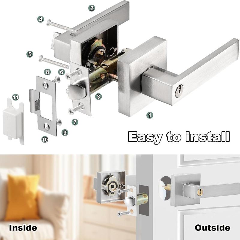 Door Lever Handle Lock,Interior Door Handle with Lock and Key Square Entry Door Handle for Bedroom Office Left or Right Handing (Silver)