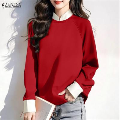 Blusa informal holgada de manga larga con cuello alto para mujer