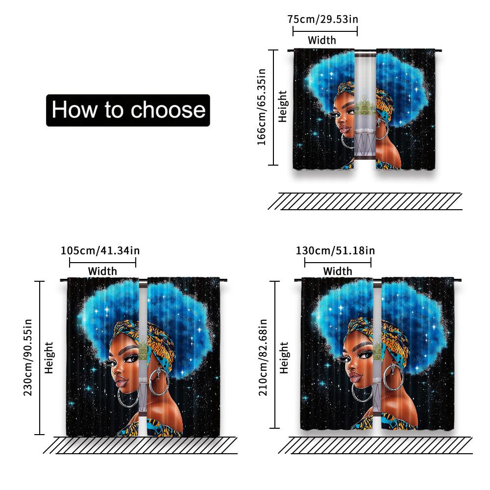 2Pcs Black Curtain African American Woman Afro Lady With Blue Hair Suitable For Bedroom Living Room Dining Room And Bathroom A