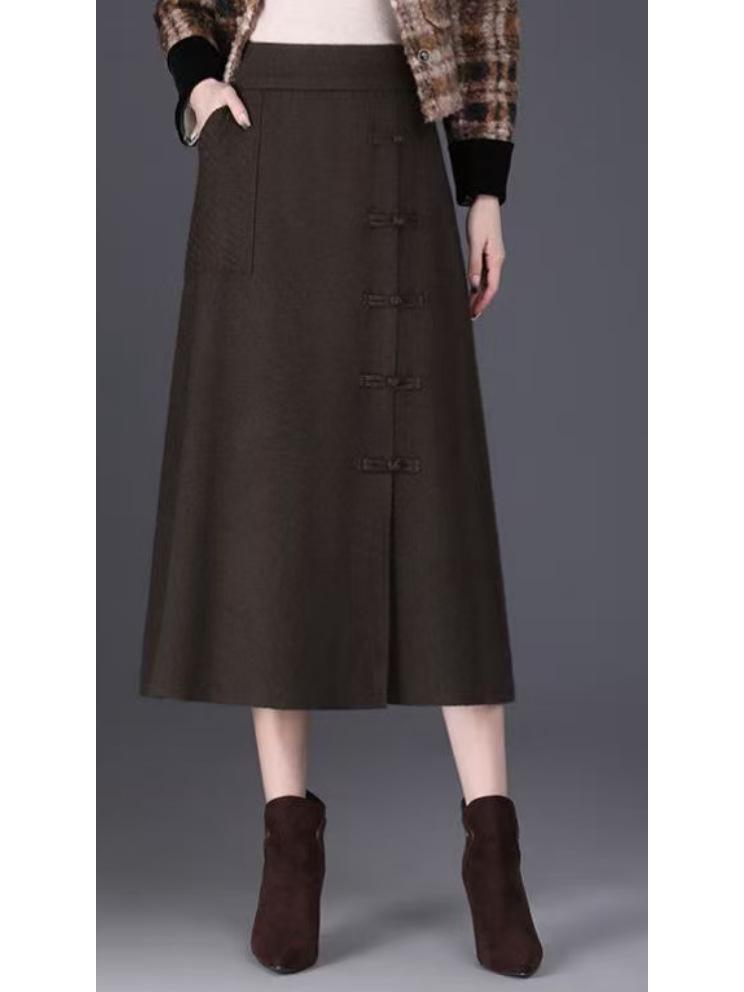Women's Frog Button Knit Midi Skirt - High Waist, Slimming A-Line for Autumn/Winter 2025