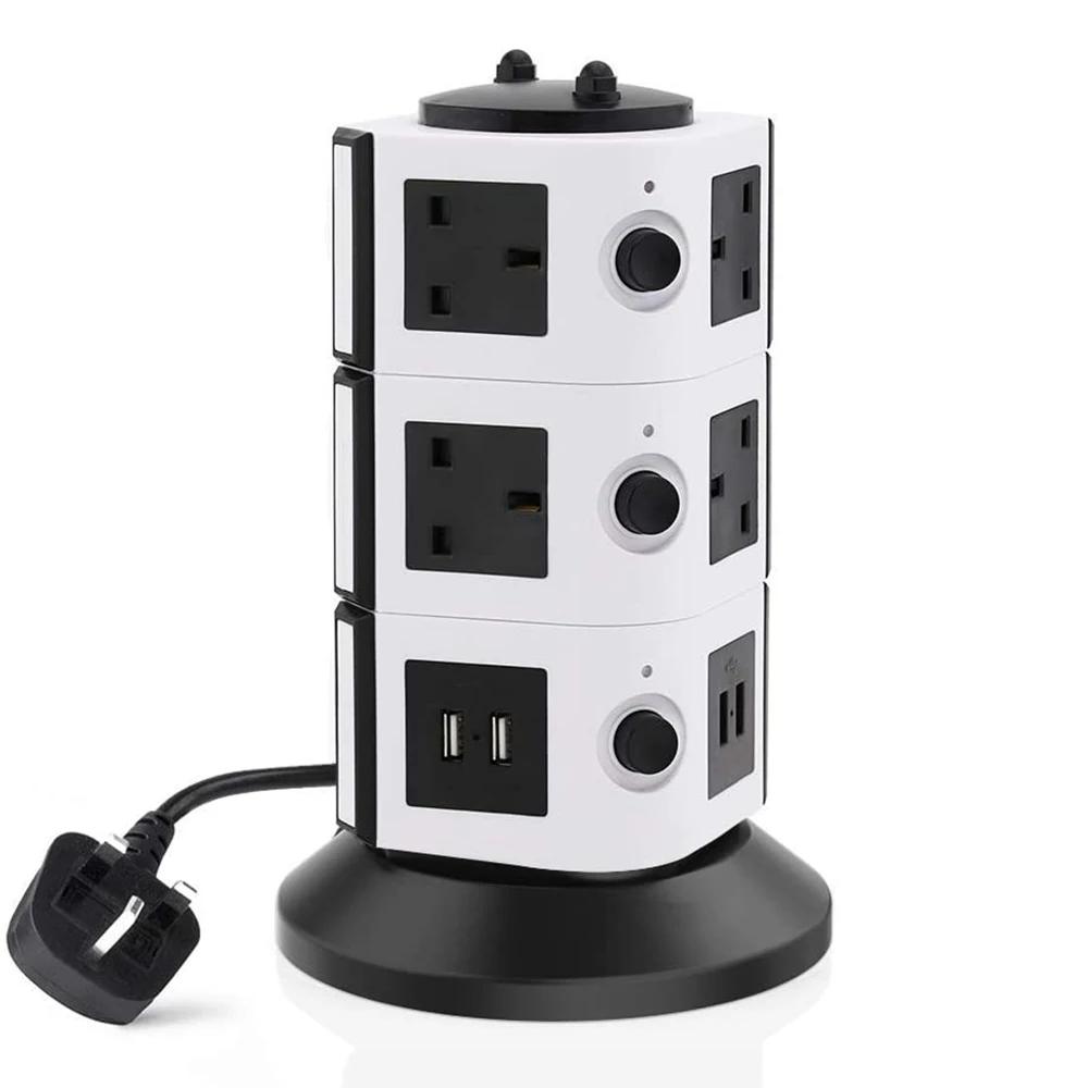 Vertikální prodlužovací lišta s více přepěťovou ochranou, prodlužovací zásuvky s individuálním spínáním, zásuvky, USB nabíjecí stanice, 2m kabel