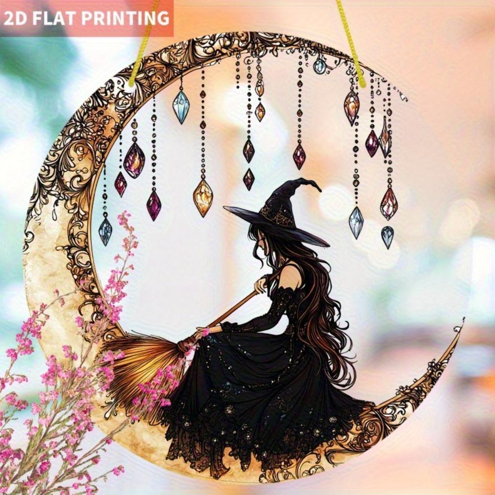 2D flat acrylic Mystery Witch on the Crescent Sun Catcher - acrylic window hanging, stained glass style, perfect for Halloween and fall home decor