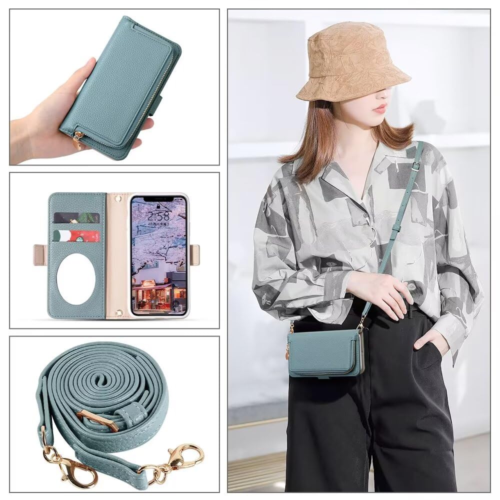 Stylish Smartphone Case with a Zippered Coin Purse and Oval and Cute Wallet-style Mirror. Shock-resistant (Pigeon Blue).
