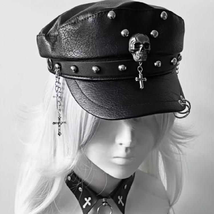 2000s Women Beret Hat Punk Rivet Decors Flat Top Cap Breathable PU Leather Octagonal Hat for Casual and Cosplay Wear