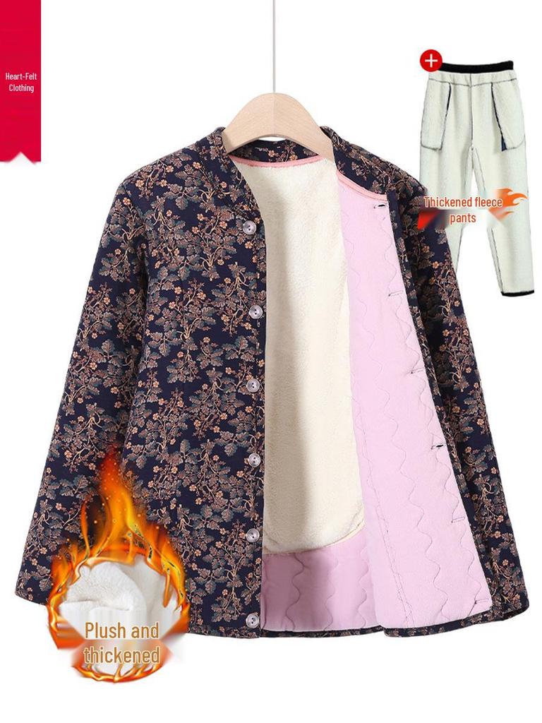 Grandma's Winter Floral Cotton Jacket with Velvet Lining - Warm, Thickened, Small Size for Elderly Women