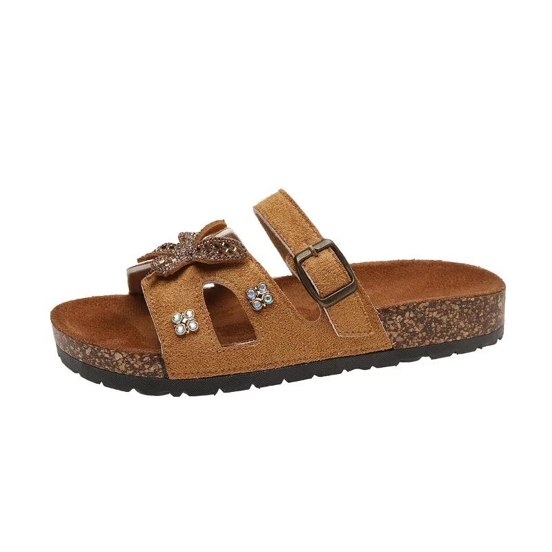 2025 Summer Outdoor Casual Sandals Platform Open Toe Women's Shoes with Metal Decor & Crystal Butterfly Buckle Slippers