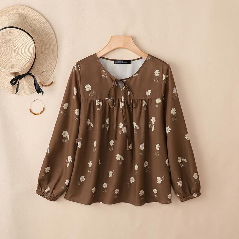 ZANZEA Women Casual Round Neck Floral Print Loose Long Sleeve Blouse