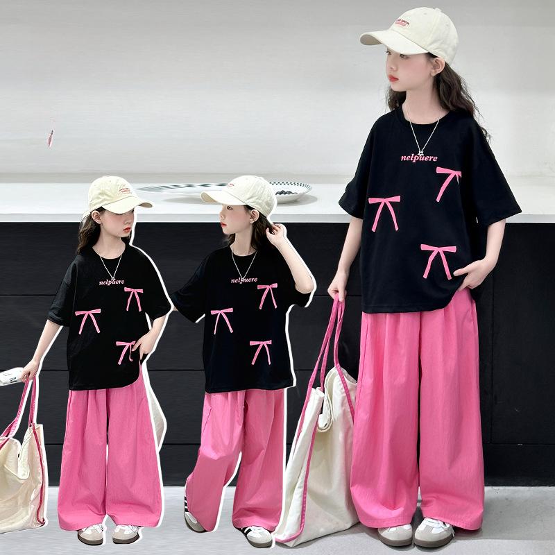 Girls' Summer Thin Short Sleeved T-shirt Two-piece Set Stylish Children's Casual Wide Leg Pants Set