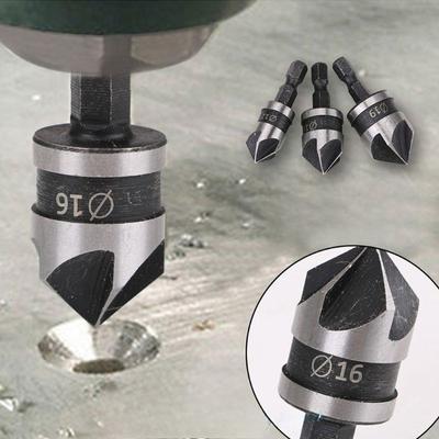 3PC Hexagonal Shank 90 Degree Black Five Blade Chamferer 12/16/19mm Countersink Drill Woodworking Hole Opener Tool Set