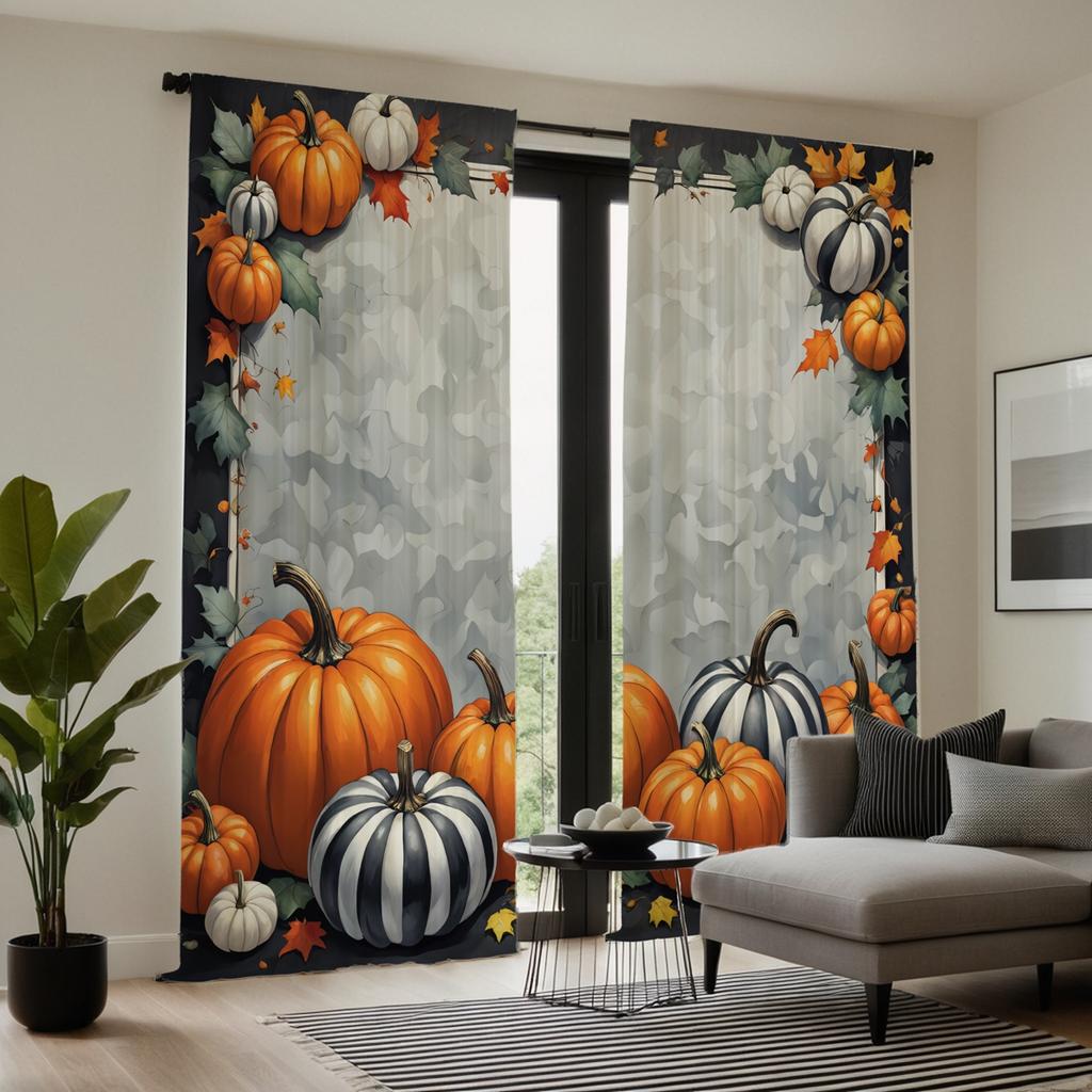 2PCS  HD Digital Curtain Printed Gray Tie Halloween Pumpkin Maple Leaf Home Decor Style Decorate Living Room Bedroom Wear Rod