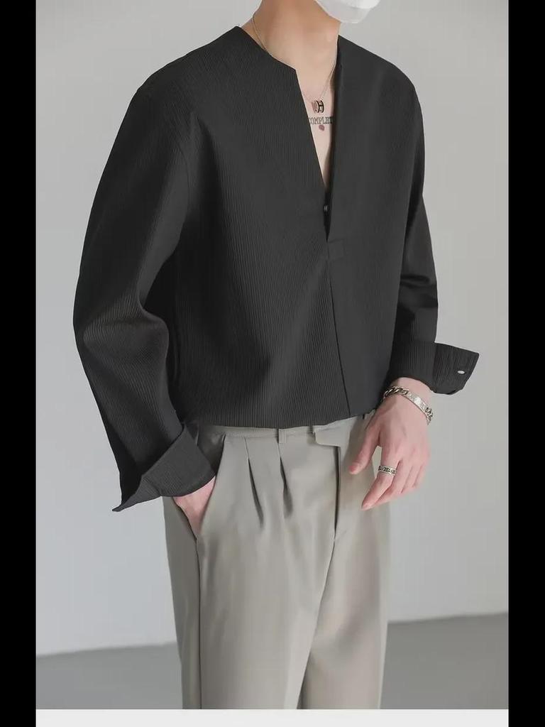 Korean-Style Men's Solid Color V-Neck Long-Sleeve Casual Pullover Shirt
