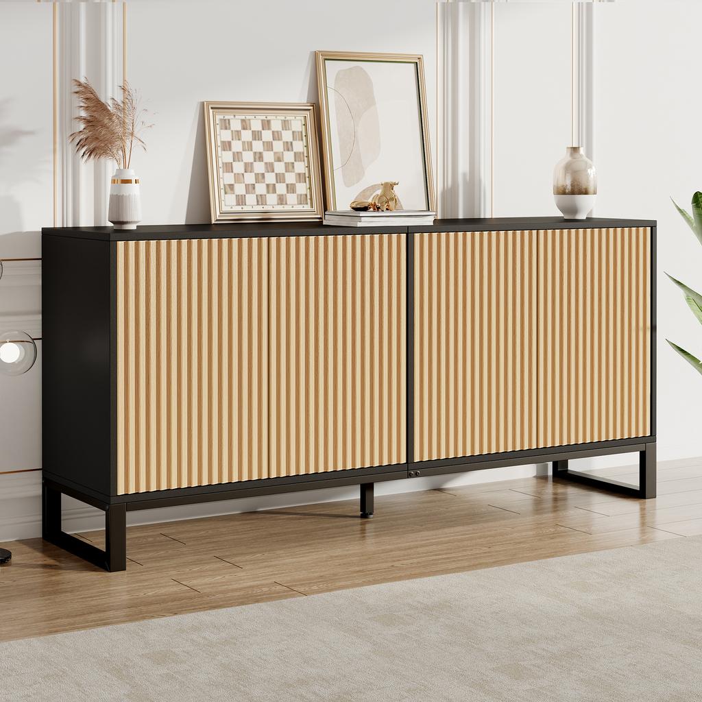 Credenza Mobile Porta Scarpe Scanalato Verticalmente 4 Ante a Battente Ripiani Regolabili in Altezza Struttura Nera Ingresso Sala da Pranzo Soggiorno Mobile Contenitore