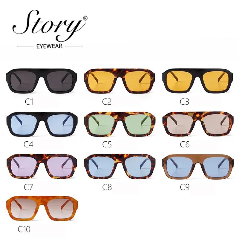 STORY Fashion Flat Top Large Square Sunglasses Women Men New Designer Trendy Leopard Blue Lens Oversize Sun Glasses S3917