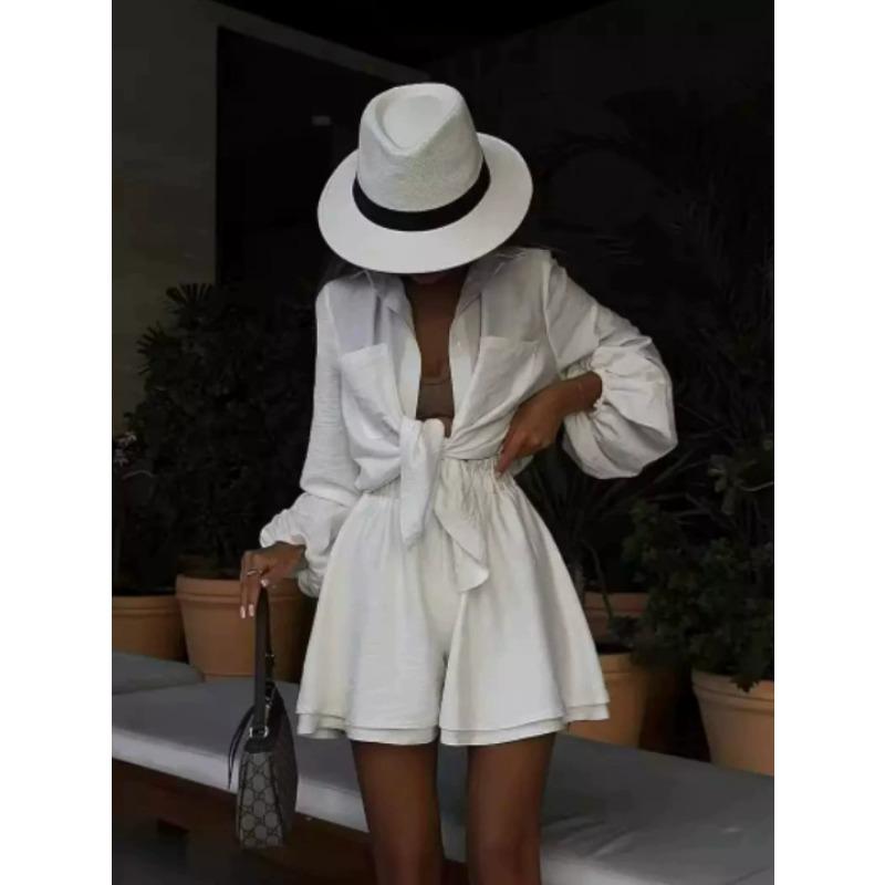Damen Knopfleiste Puff Langarm Hemd Gerüscht Schicht-Shorts Lässiges 2-teiliges Outfit Set