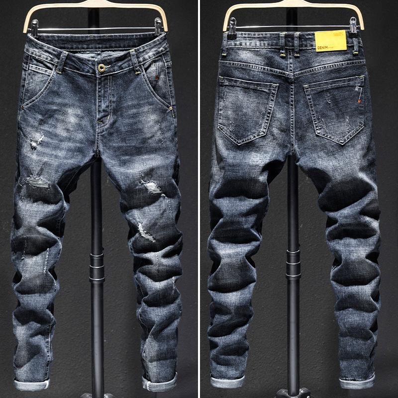 Four Season Wearable Men'S Embroidered Jeans With Slim Fit And Stretchy Trend, Small Leg Pants With Ripped Patches, Personalized Long Pants