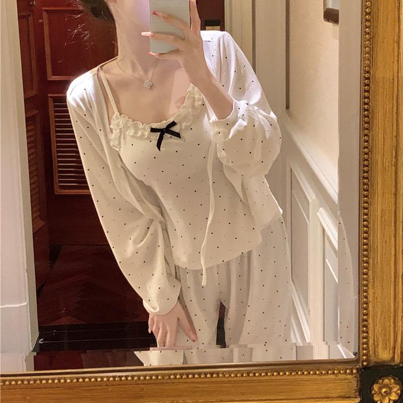 Damski zestaw piżamy trzyczęściowej: Top z długim rękawem, Koszulka na ramiączkach z wbudowanym biustonoszem, Długie spodnie, Słodki kwiatowy wzór, Styl koreański, Odzież domowa na wiosnę/jesień.