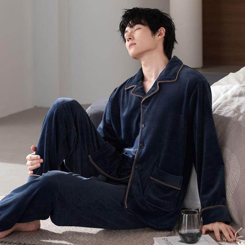 Pajamas Men'S Winter Coral Fleece Thickened Fleece Men'S Autumn And Winter Island Fleece Large Size Spring And Autumn Loungewear Set