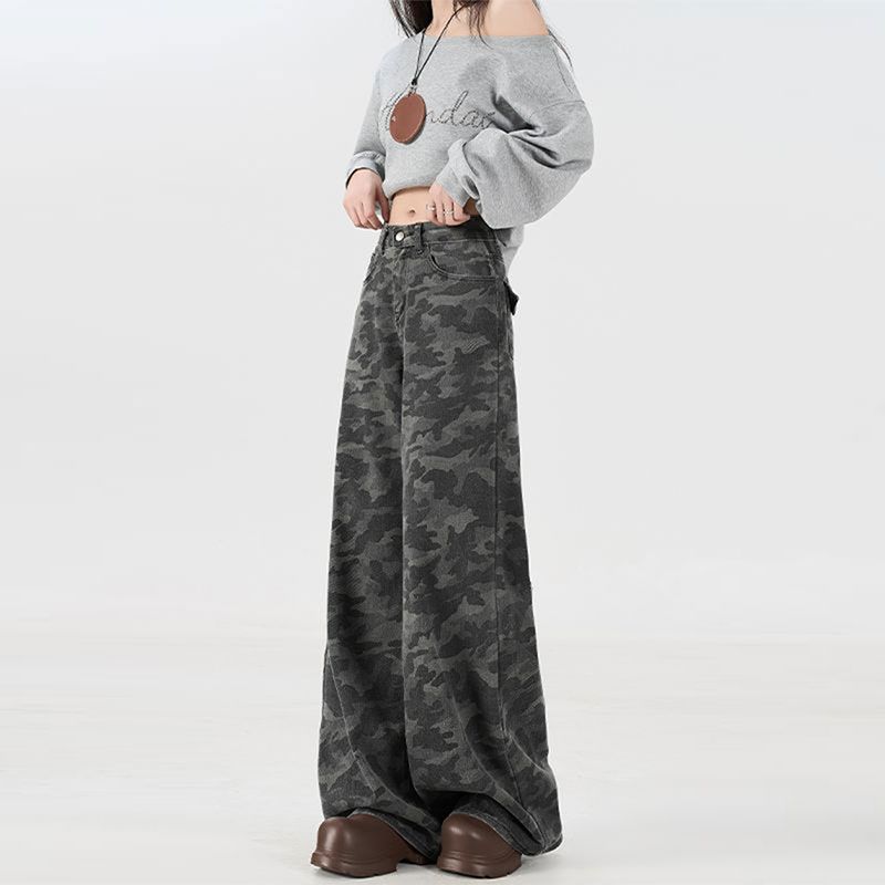 Camouflage Wide-legged Jeans Women's Spring and Autumn Large Size Hundred Yards Loose Drape Skinny Straight Trousers Jeans for Women Long Denim Pants