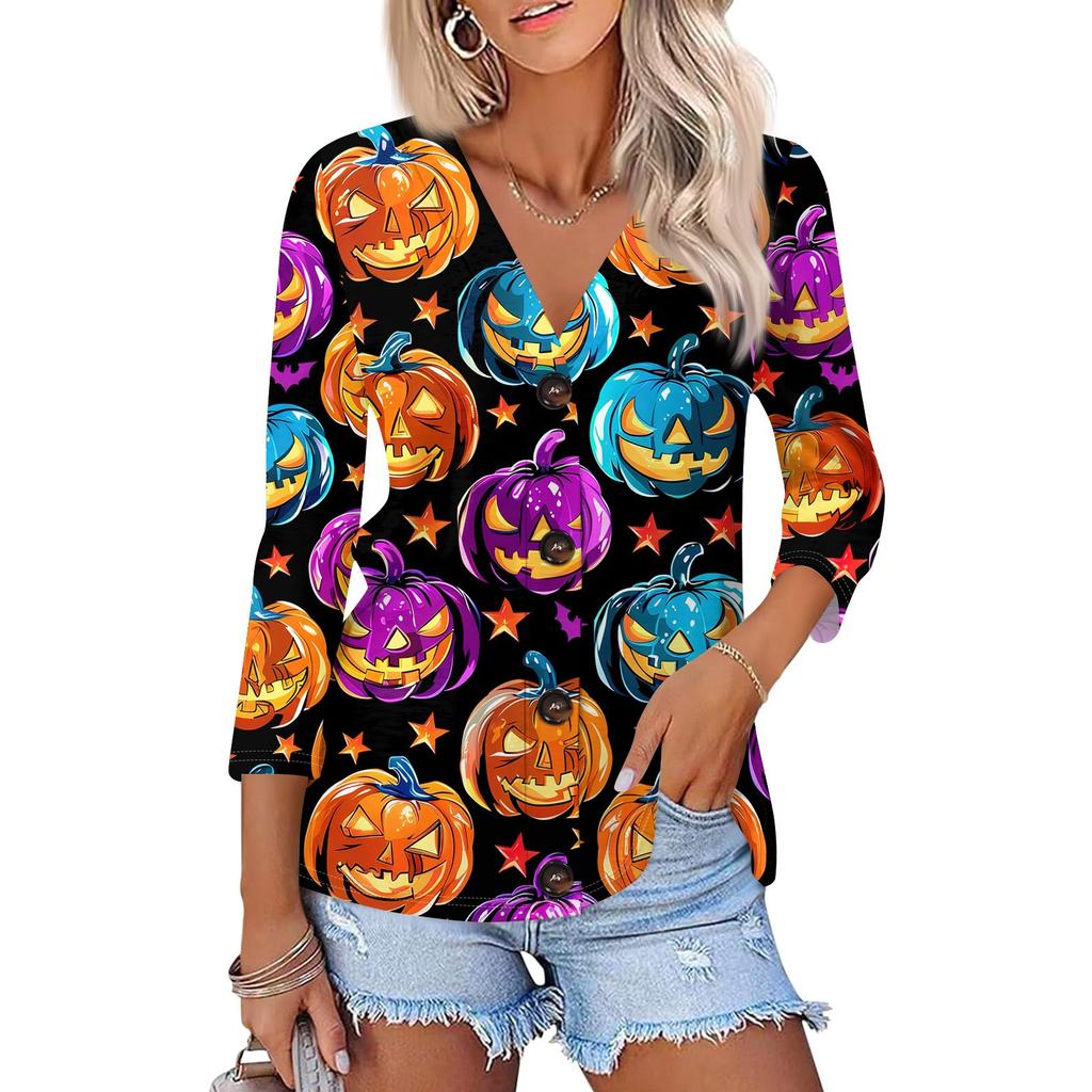 Women's Fashion Casual Print Button-down Shirt 3/4 Long Sleeve Tops