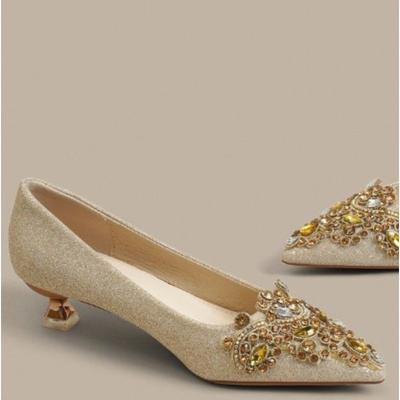 Champagnerfarbene Pailletten Zwei-Wege-Trageweise Spitze Zehenpartie Niedriger Absatz Hochzeitsschuhe Damen Bequem Brautjungfer Schuhe Faiona...