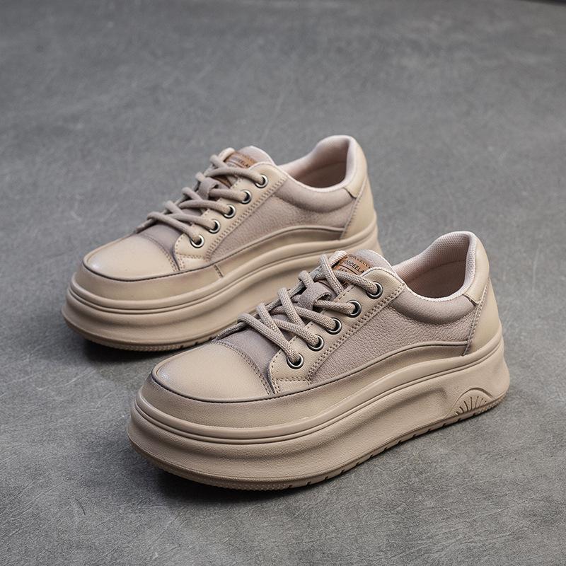 Spring Genuine Leather Platform Sneakers Women Thick Sole Wipe Color Casual Loafers Comfortable Round Toe Shoes