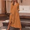 Women Bohemian Cotton Linen Dress Oversized V-neck Long Sleeve Swing Dress Pleated
