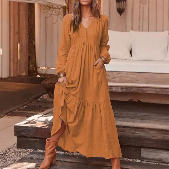 Women Bohemian Cotton Linen Dress Oversized V-neck Long Sleeve Swing Dress Pleated