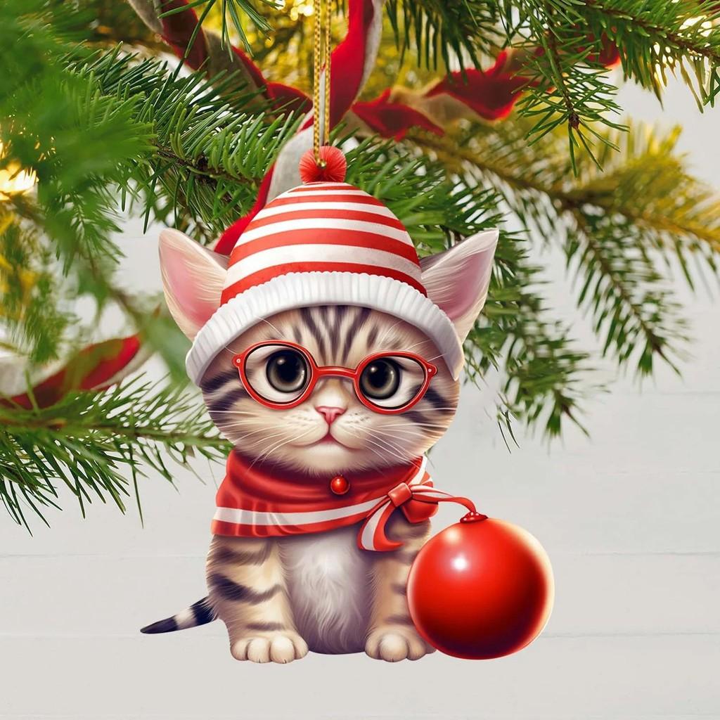 Flat Surface Acrylic Pendant With Cute Cat Wearing Christmas Hat Design Decor