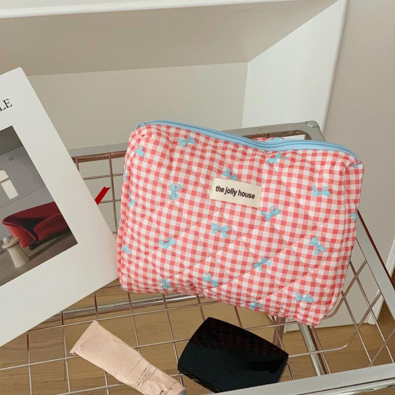 Cute Bow Cotton Makeup Bag Women Zipper Cosmetic Organizer Female Cloth Box Shape Portable Toiletry Case for Girls