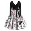 Vestido Casual Feminino Estampado de Dia dos Namorados com Decote em V Retrô de Manga Comprida