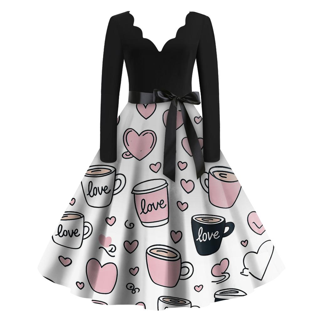 Damen Casual Mode Valentinstag Bedrucktes V-Ausschnitt Retro Langarmkleid