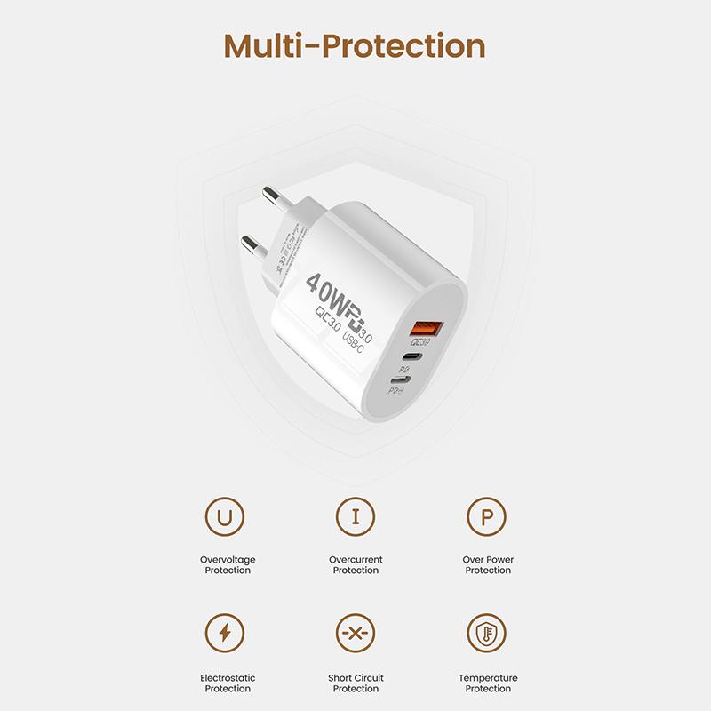 Usb C Charger 40W Fast Charging Charger 3Ports Type C Mobile Phone Charger Pd Power Adapter For Samsung Xiaomi Iphone Qc3.0