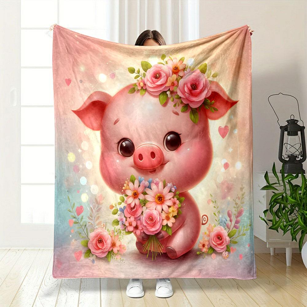 Cute Pig with Floral Bouquet Patterned Blanket, Flannel, Suitable for All Seasons, Home Decor, Warm and Cozy