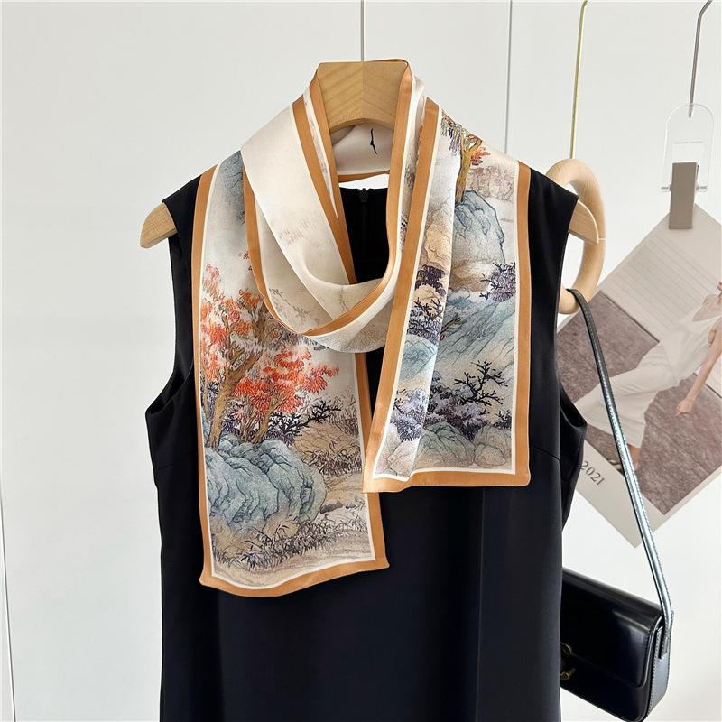 Mulberry silk scarf Chinese style temperament double-sided two-color ink rafting silk long silk scarf scarf scarf streamer