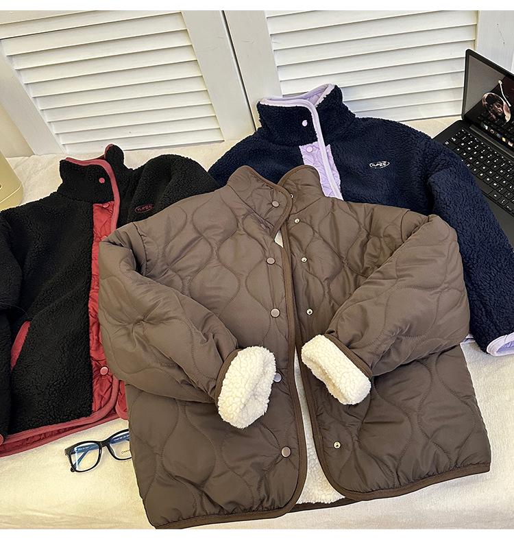 Damen Wendbare Lammwolljacke - Koreanischer Colorblock, Warm, Stehkragen, Winter, Lockere Passform