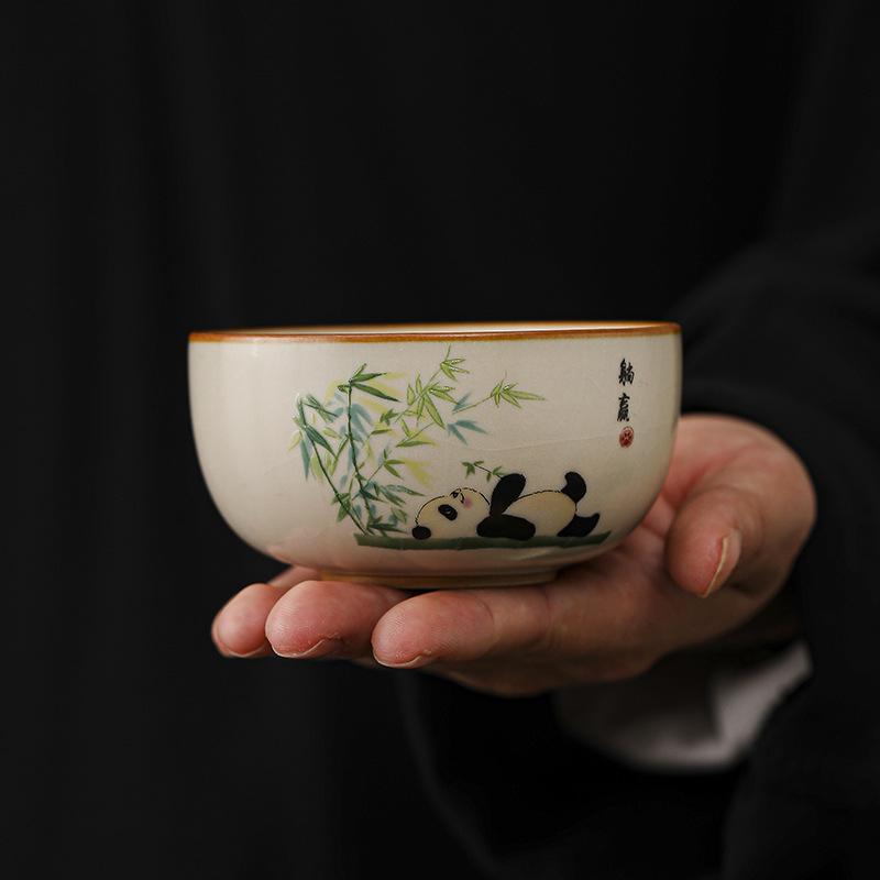 Beige Ru Ware Panda Teacup - Kung Fu Style Ceramic Tasting Cup