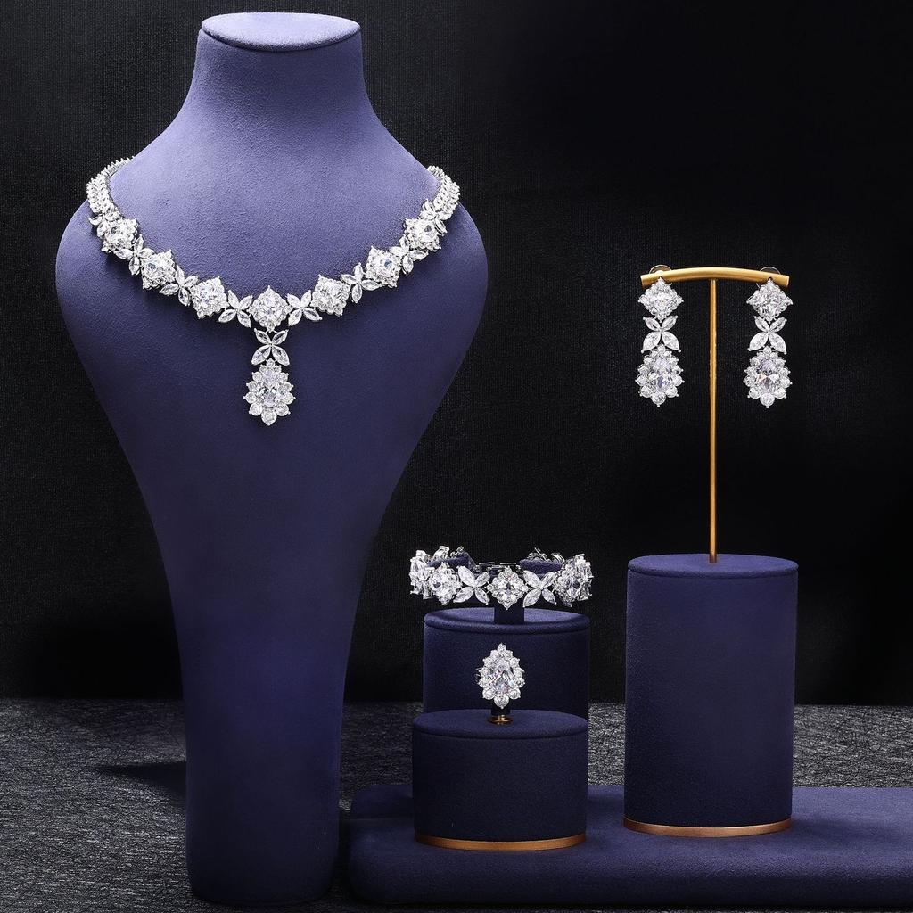 Copper Zircon Necklace Earrings Luxury Sparkle Colored Gemstones Bridal Wedding Dress Party Accessories Bracelet