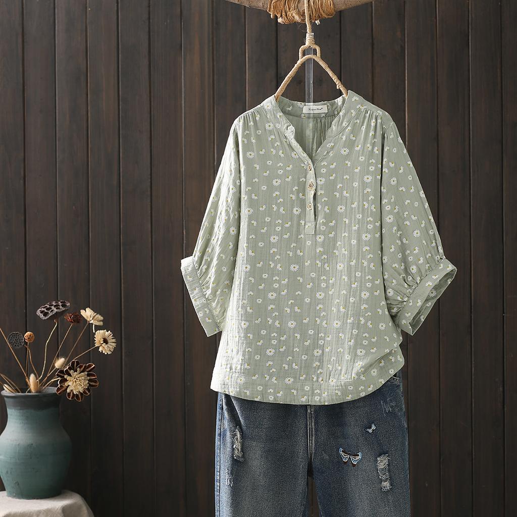 Cotton Yarn Shirts Large Size Tops Women Pastoral Style V Neck Half Sleeve Printed Shirts and Blouses Middle Aged Women