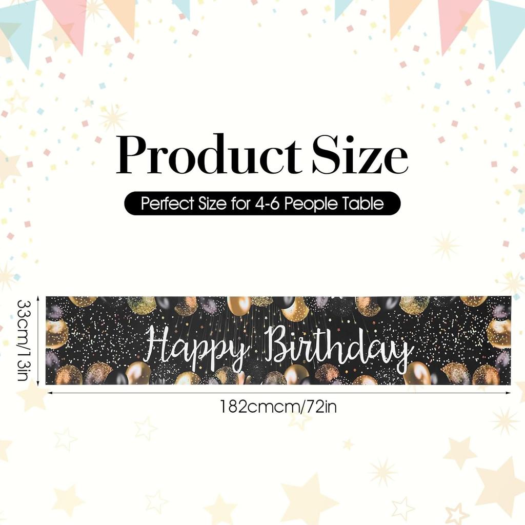 Happy Birthday Table Runner, 72×13In Vintage Black Gold Birthday Table Runner Birthdays Dining Linen Tables Decoration for Men Women Indoor Outdoor