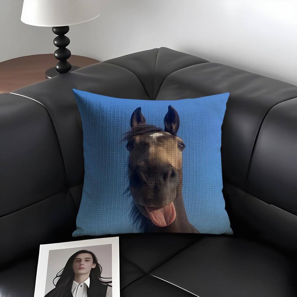 Funny Expressions Horse Cushion Cover Natural Linen Organic Fabric Double-Sided Printing Sofa Home Decor Gift Pillow Case